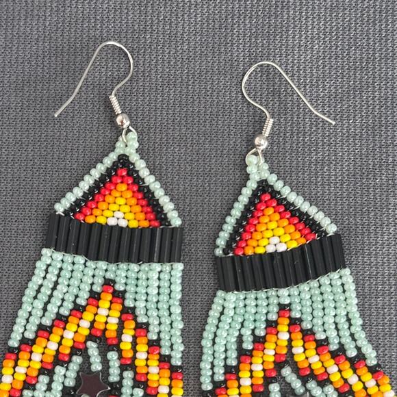 Tribal Earrings Seed Bead Handmade Multicolor Native American Boho Dangle 3” USA - Picture 3 of 16